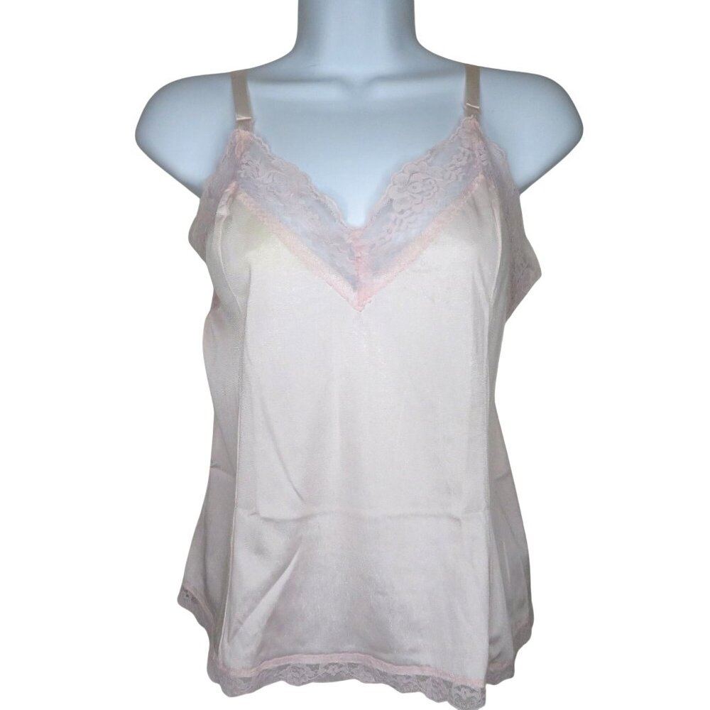 Vintage Vanity Fair Pink Nylon Camisole Top Lace Trim Adjustable Strap US Made